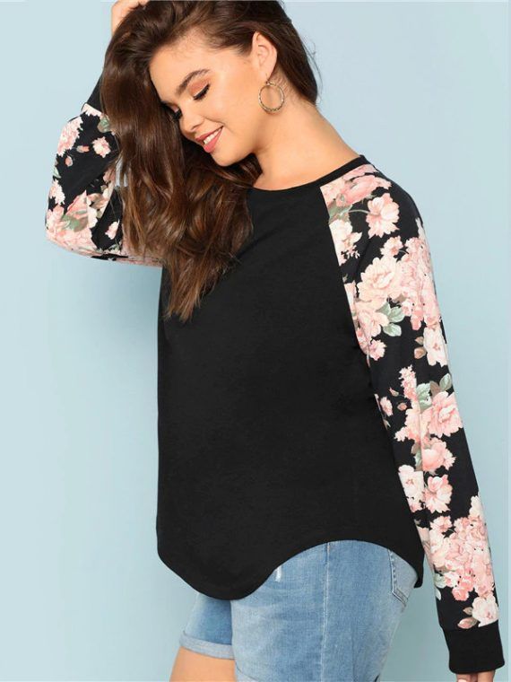 Blusa Talla Plus florar de cuello redondo negra en Paraíso de la Moda